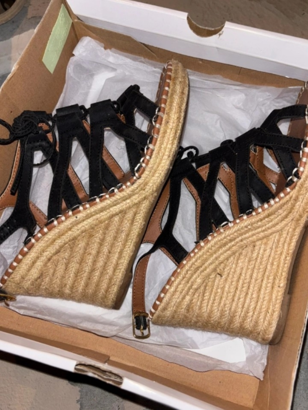 Sugar Black and Tan Espadrille Wedge Sandals